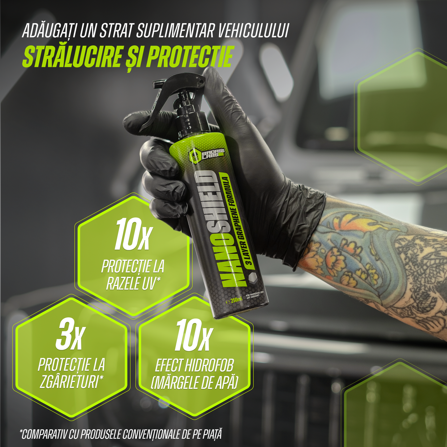 NanoShield - Spray cu Grafen, Strat Ceramic și Silicon pentru lustruirea și protejarea vopselei auto