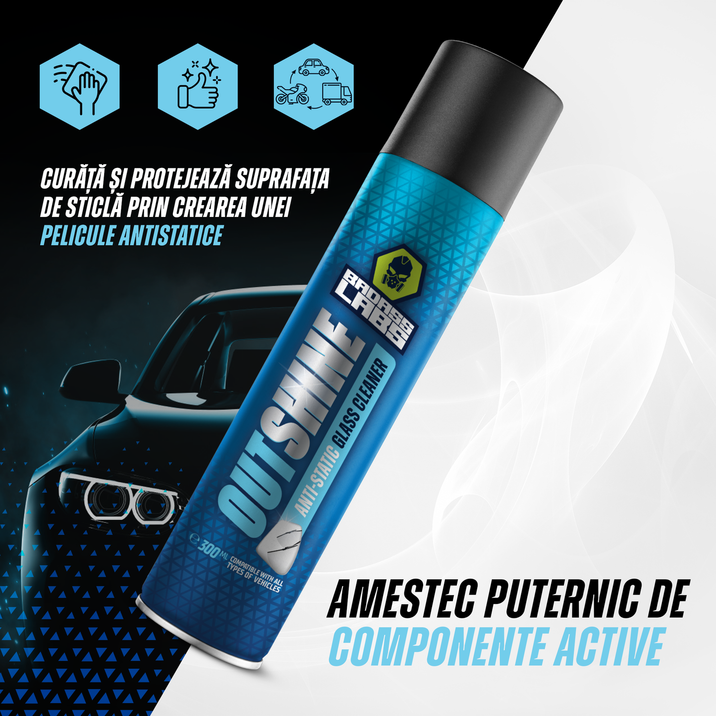 Outshine - Spray cu spumă activă cu efect antistatic pentru curățarea suprafețelor din sticlă.