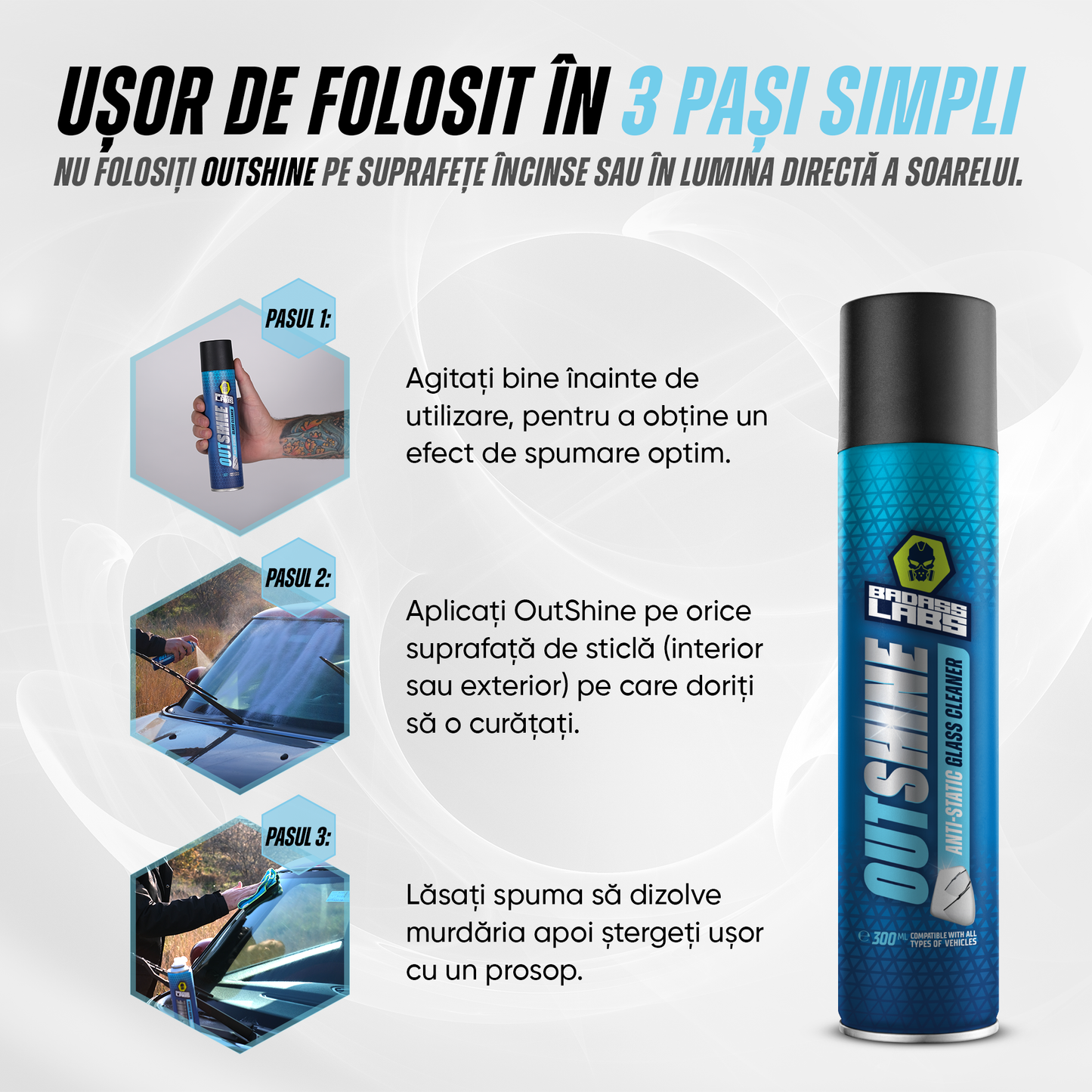 Outshine - Spray cu spumă activă cu efect antistatic pentru curățarea suprafețelor din sticlă.